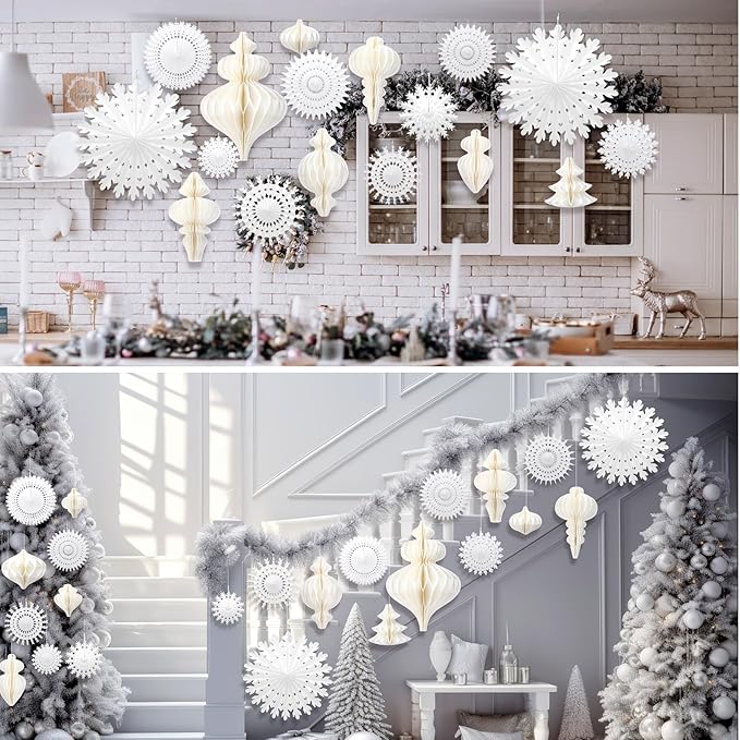 Cinnvoice 16 Pcs White Paper Snowflake Decorations 12 Pcs Christmas Paper - Image 6
