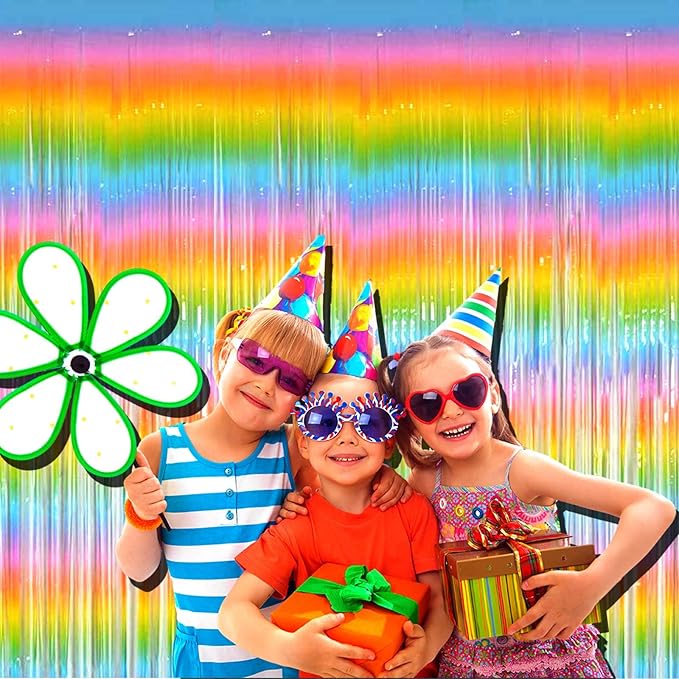 4 Pack Macaron Rainbow Foil Fringe Curtain Backdrop, 3.28Ft x 8.2Ft Metallic - Image 4