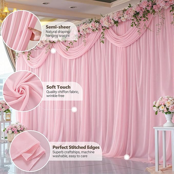 10ft x 10ft Peach Pink Backdrop Curtains, Wrinkle-Free Sheer Chiffon Fabric - Image 4