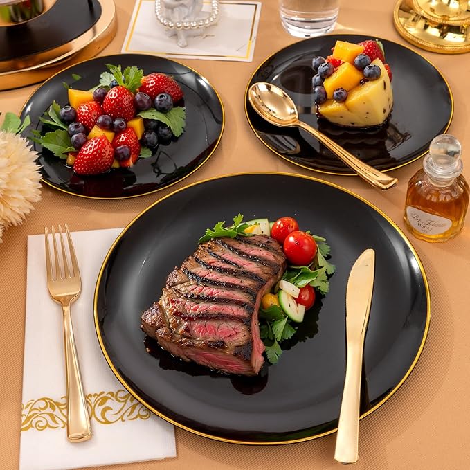 Supernal 350pcs Black & Gold Plastic Dinnerware Set, Elegant Black Plates - Image 3