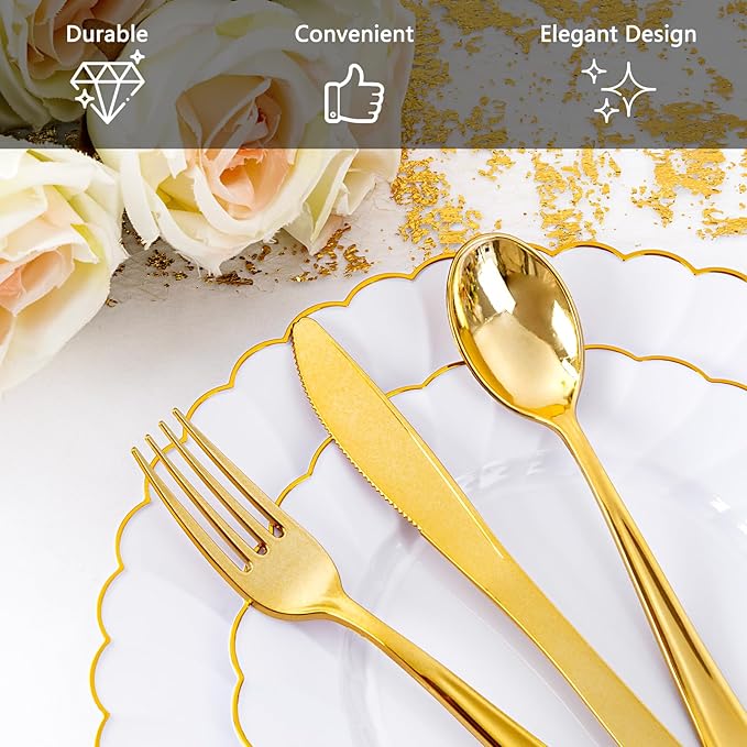 YOUBET 350PCS Gold Scalloped Plastic Plates - Image 3