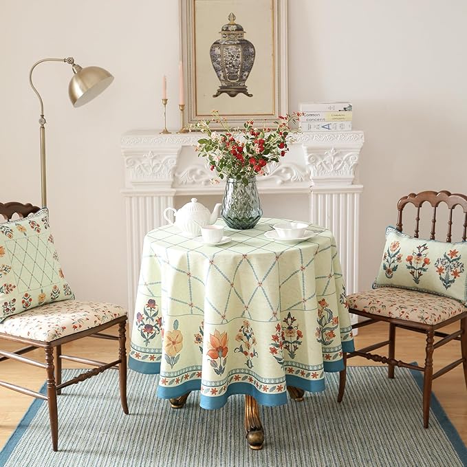 ISAENNE Designer Linen Floral Round Tablecloth, Light Green Farmhouse Durable - Image 2