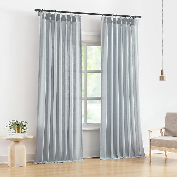 Vision Home Blue Pinch Pleated Semi Sheer Curtains Linen Blended Light by VisionHome