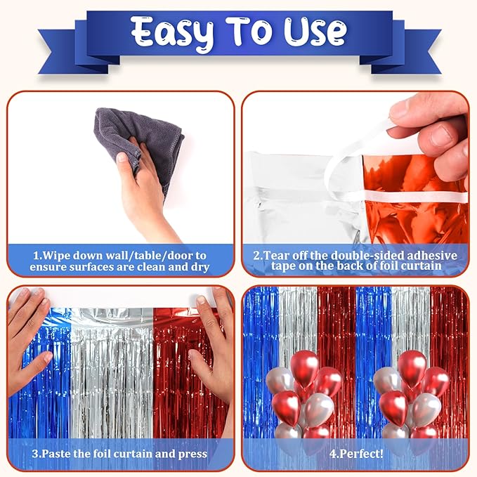 2 Pack Blue Red Silver Foil Fringe Backdrop Curtains, Tinsel Streamers Party - Image 4