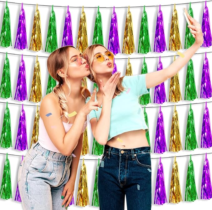 4P Gold Green Purple Foil Fringe Tassel Banner Garland Metallic Tinsel - Image 4