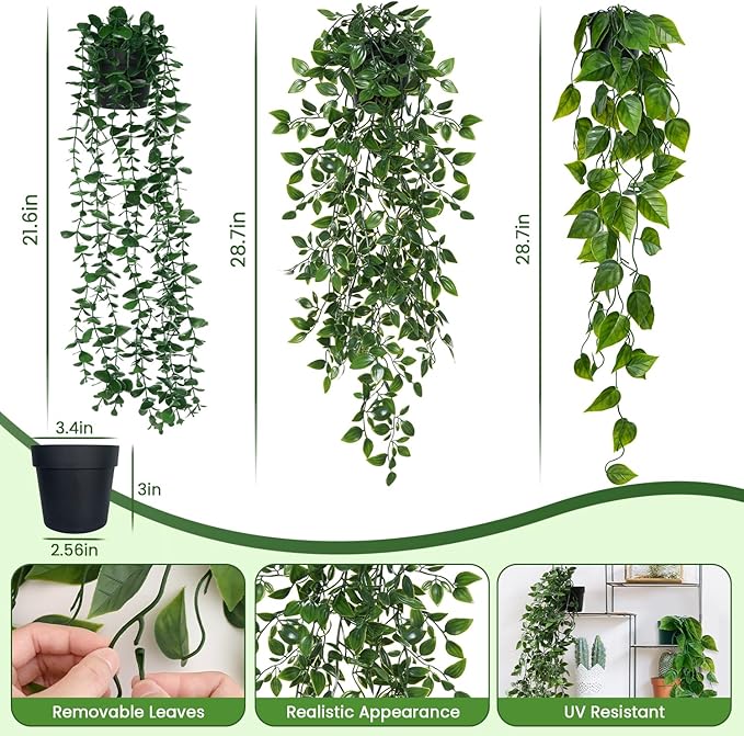 3 Pack Small Fake Hanging Plants, Artificial Eucalyptus, Pothos & Mandala Vines - Image 2