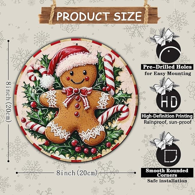 Round Christmas Metal Tin Sign Rustic Wall Decor Gingerbread Man Vintage Tin - Image 2