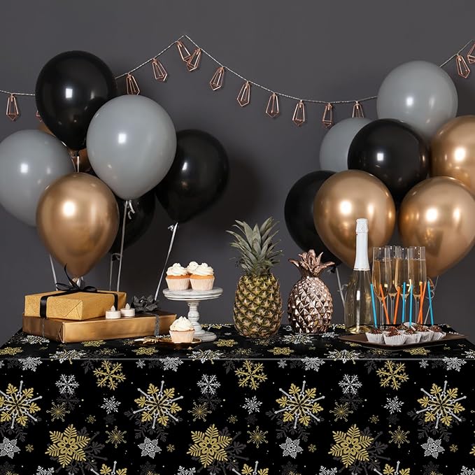 6Pcs Christmas Snowflake Party Tablecloths Decorations, Plastic Black and Gold - Image 5