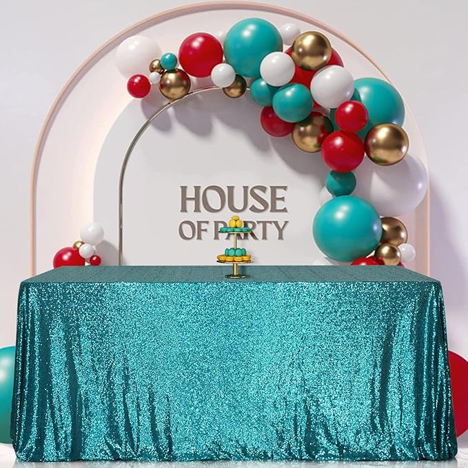 SquarePie Sequin Tablecloth 50 x 72 Inch Teal Sparkly Table Linen by SquarePie