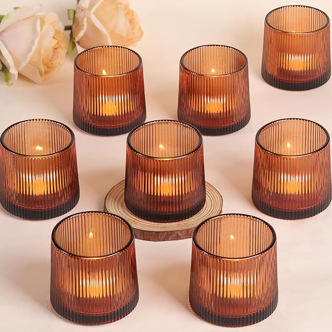 Amber Ribbed Tealight Votive Candle Holders Set of 10- Votive Candle Holders by DARJEN