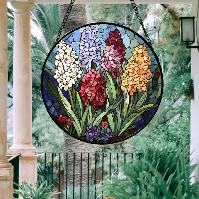 Stained Glass Window Hanging, Colorful Hyacinth Flowers Suncatcher - Image 2