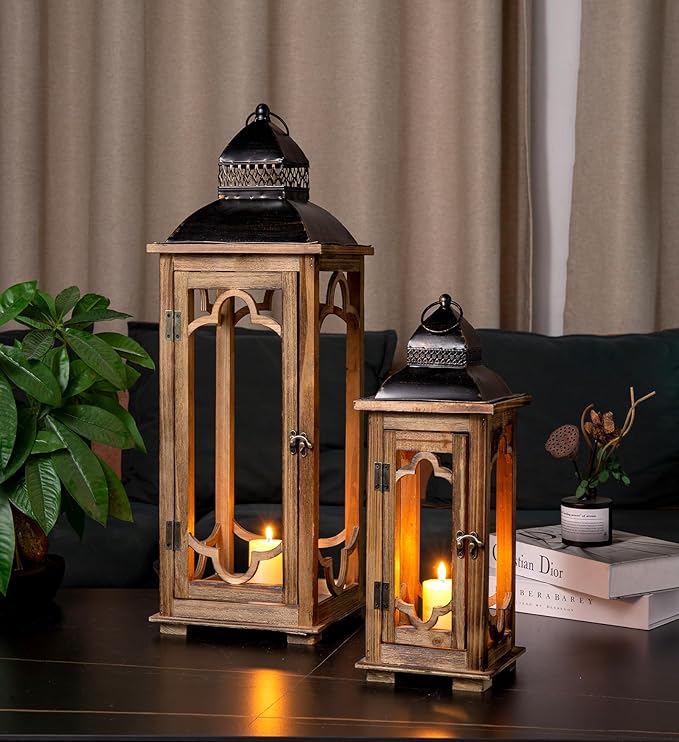 Large Farmhouse Decorative Wooden Lantern Set of 2, Rustic Brown Floor Lanterns - Image 2