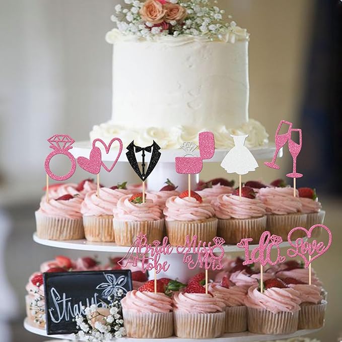 30 PCS Bride to Be Cupcake Toppers Glitter Miss to Mrs I Do Love Heart Ring - Image 5