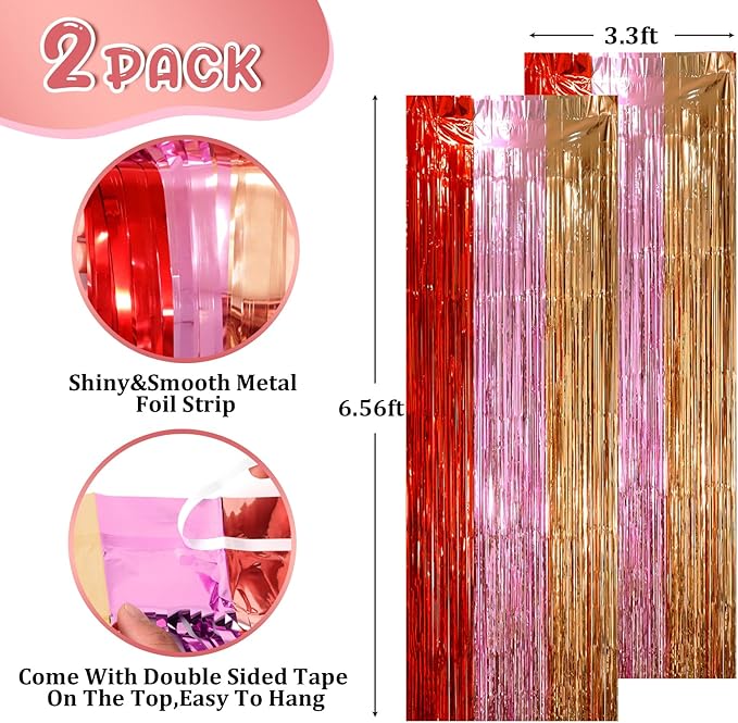 2 Pack Valentine Foil Fringe Backdrop Curtains, Tinsel Streamers Party - Image 2