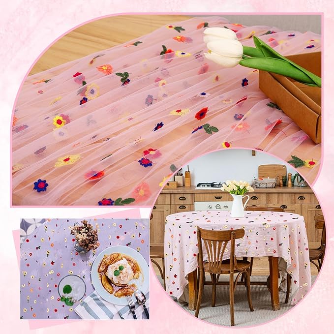 6PCS Pink Floral Table Runner 10 FT, Embroidery Daisy Table Runners Seasonal - Image 7