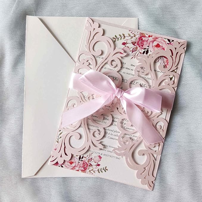 25PCS Blush Pink Laser Cut Wedding Invitations Cards - Image 3