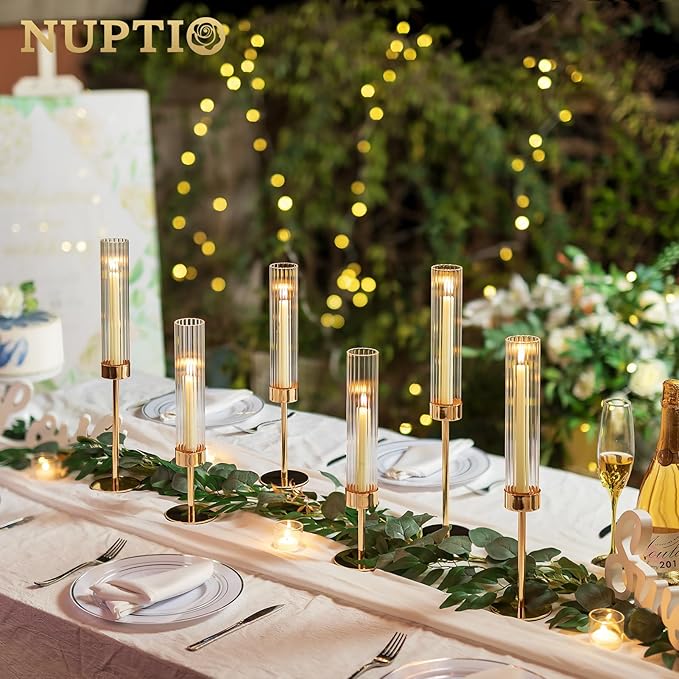 NUPTIO Hurricane Glass Candles Holder: 18 Pcs Gold Taper Candle Stick Holder - Image 3