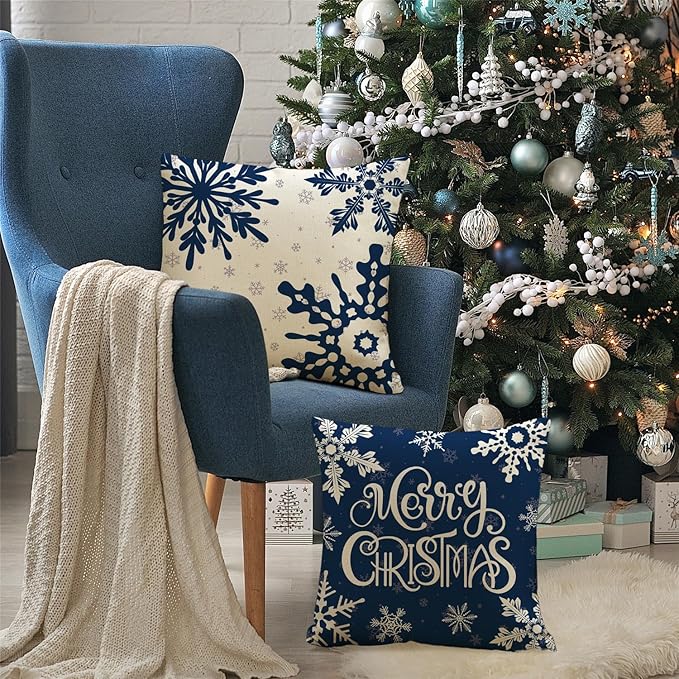 Christmas Pillow Covers 18x18 Blue Christmas Decorations Snowflake Reindeer - Image 3