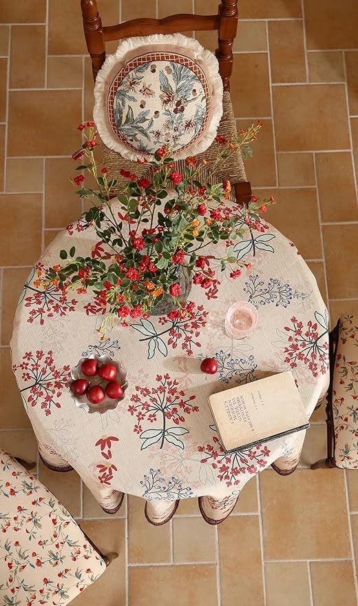 patdrea Designer Linen French Round Table Cloth, Vintage Red Floral Durable - Image 9