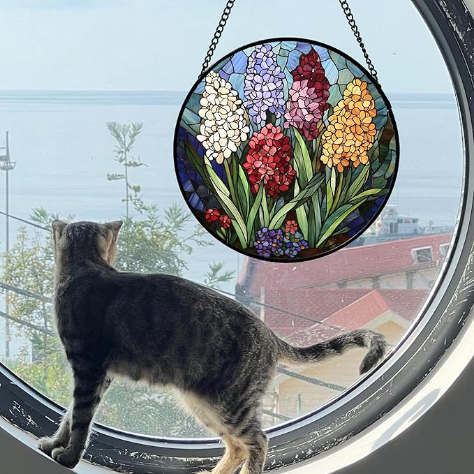 Stained Glass Window Hanging, Colorful Hyacinth Flowers Suncatcher - Image 4