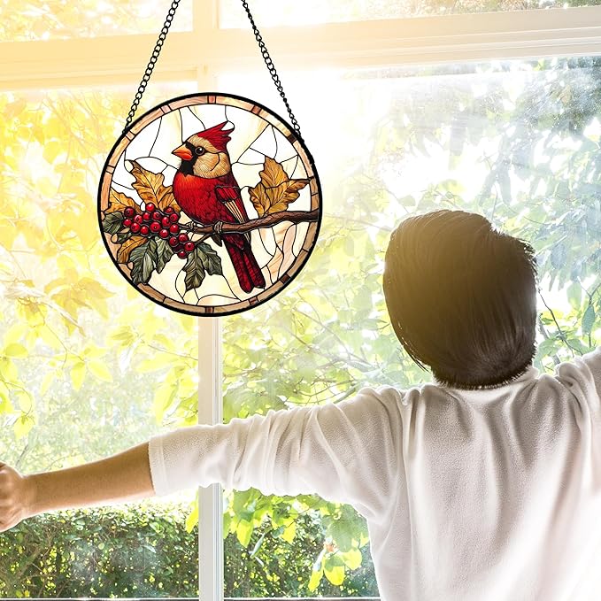 Stained Glass Window Hanging, Birds on a Branch Cardinal Sun Catchers Diamond - Image 4