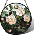 Stained Glass Suncatcher, Light Pink Flowers Green Leaf Sun Catcher Plant Stain by Follow