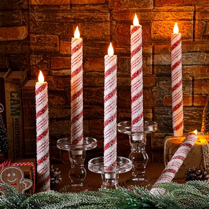 Baquler 6 Pcs Christmas Flameless Taper Candles 10.6 Inch Sea Salt Candy Cane - Image 2