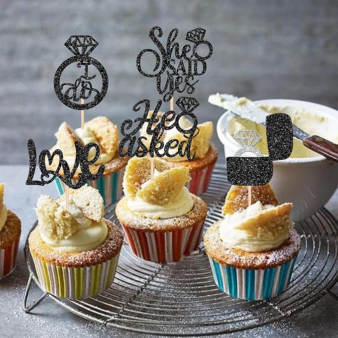 30 PCS He Asked She Said Yes Cupcake Toppers Love I Do Diamond Ring Cupcake - Image 5