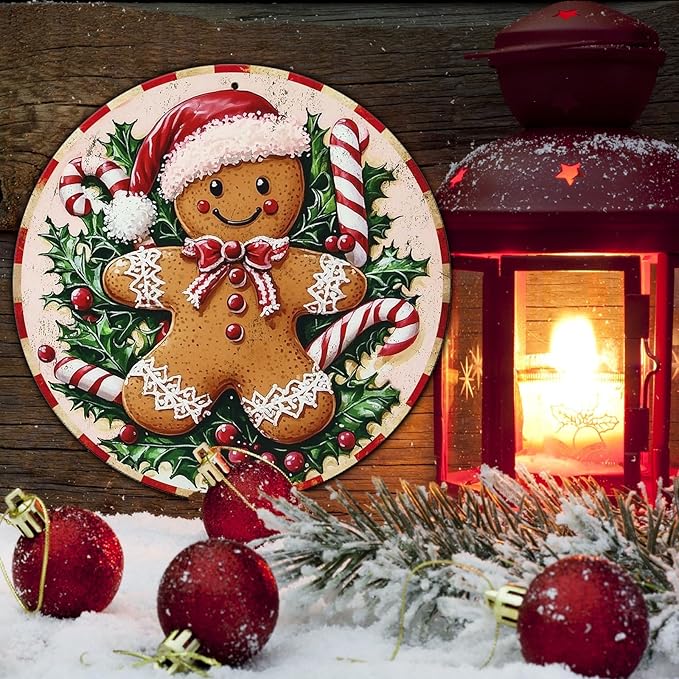 Round Christmas Metal Tin Sign Rustic Wall Decor Gingerbread Man Vintage Tin - Image 5