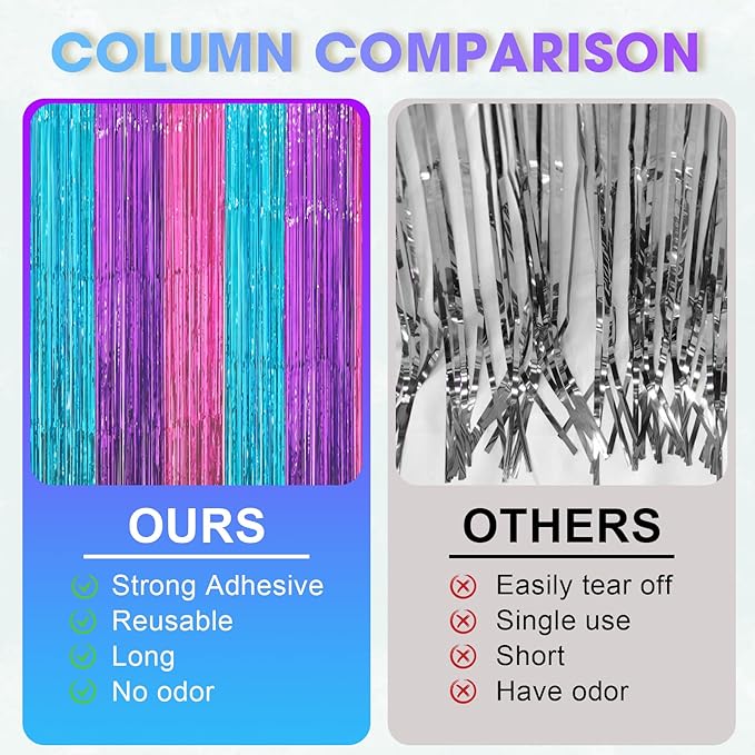 2 Pack Blue Purple Pink Foil Fringe Backdrop Curtains, Tinsel Streamers Party - Image 3