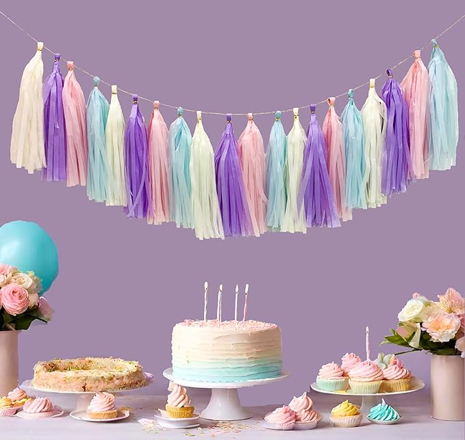 Pastel Rainbow Colorful Tissue Paper Tassel Garland, Tissue Tassel Banner - Image 5