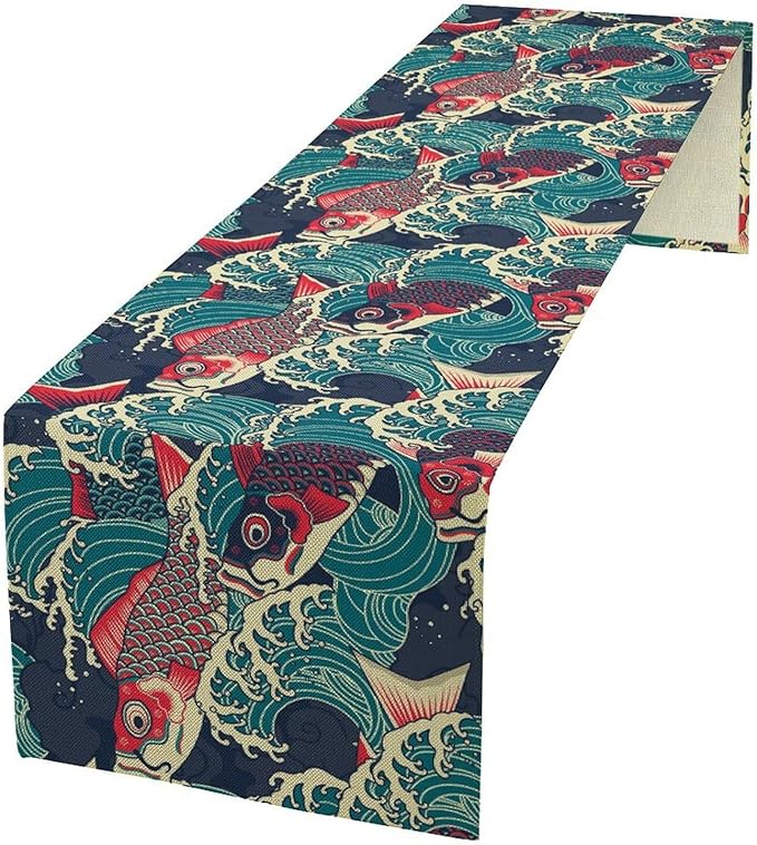 Kio Fish Table Runner Waves Japanese Tradition Art Printed Burlap Runner Home by YSWOW