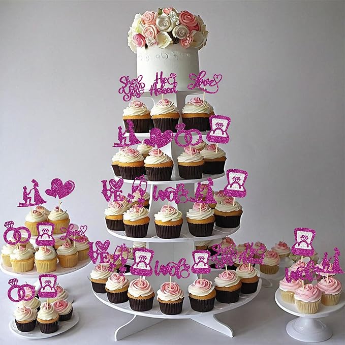 Ephlyn 30Pcs He Asked She Said Yes Cupcake Toppers Glitter Engagement Cupcake - Image 6