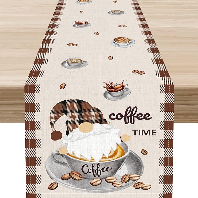 Coffee Time Table Runner, Farmhouse Retro Gnome Coffee Cup Tea Party Cafe Table by Unknown
