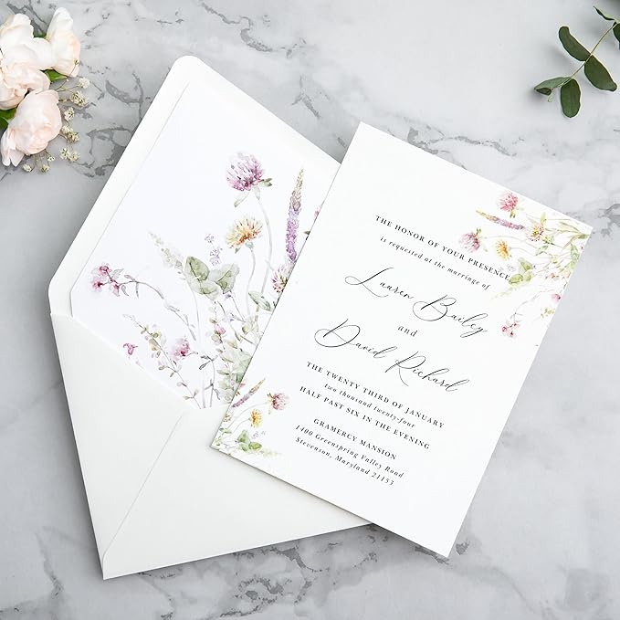 PONATIA 50PCS A7 Euro Flap Ivory Envelope, 5.25 x 7.25'' Wild Flowers Liner - Image 5