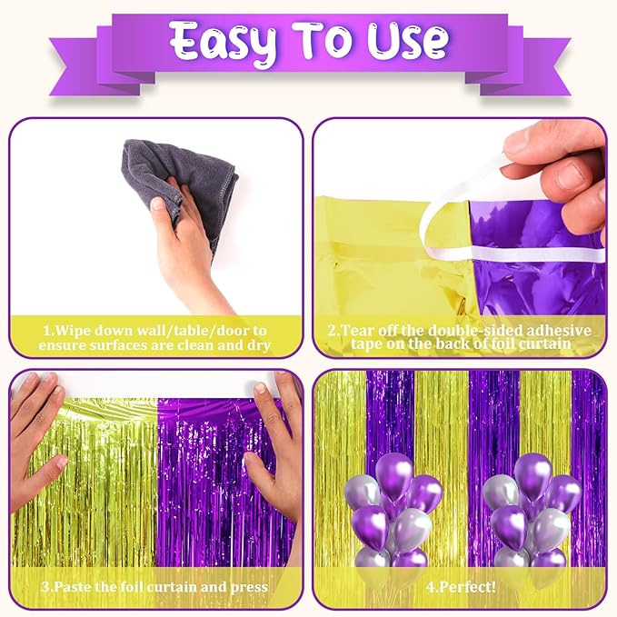 2 Pack Purple and Gold Foil Fringe Backdrop Curtains, Tinsel Streamers Party - Image 4