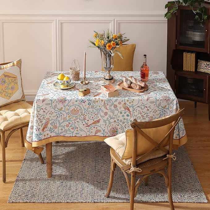 patdrea Designer Vintage French Rectangular Tablecloth, Floral Birds Pattern - Image 9