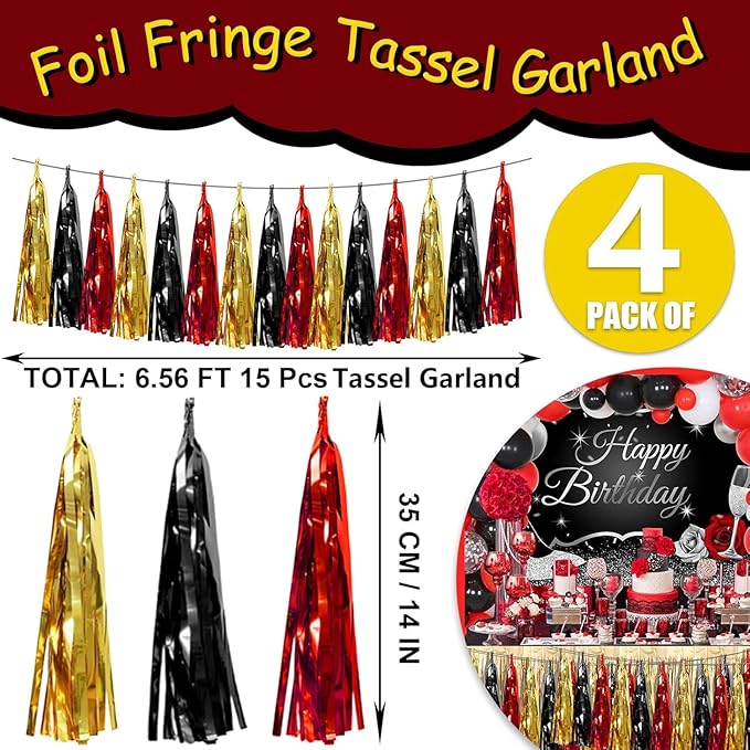 4P Red-Black Gold Foil Fringe Tassel Banner Garland Metallic Tinsel Streamers - Image 2