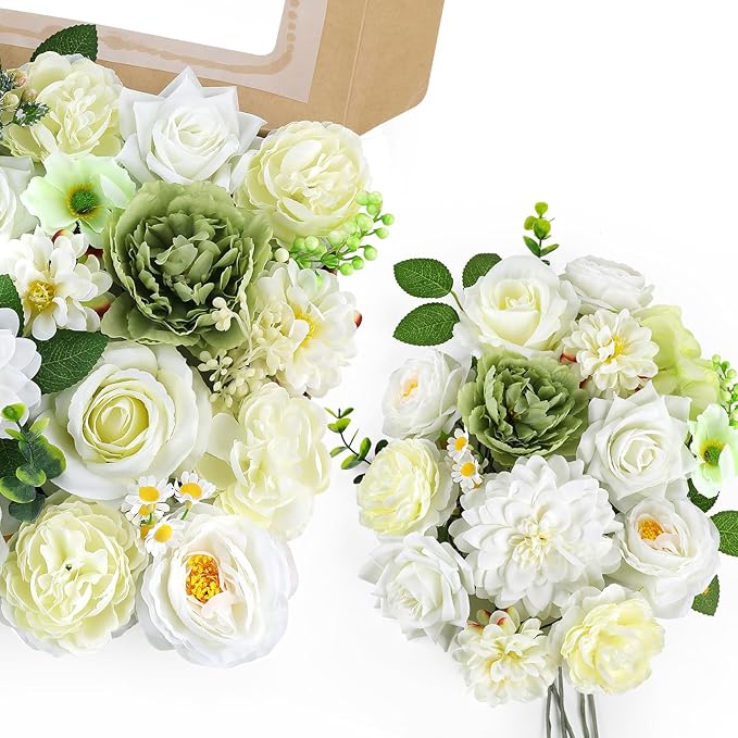 AmyHomie Green White Artificial Flowers Combo Silk Mix Peony Rose Fake Flowers - Image 7