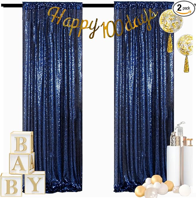 ShinyBeauty Navy Blue Backdrops 2 Pieces Sequin Curtains 4FTx7FT Photograph by ShinyBeauty