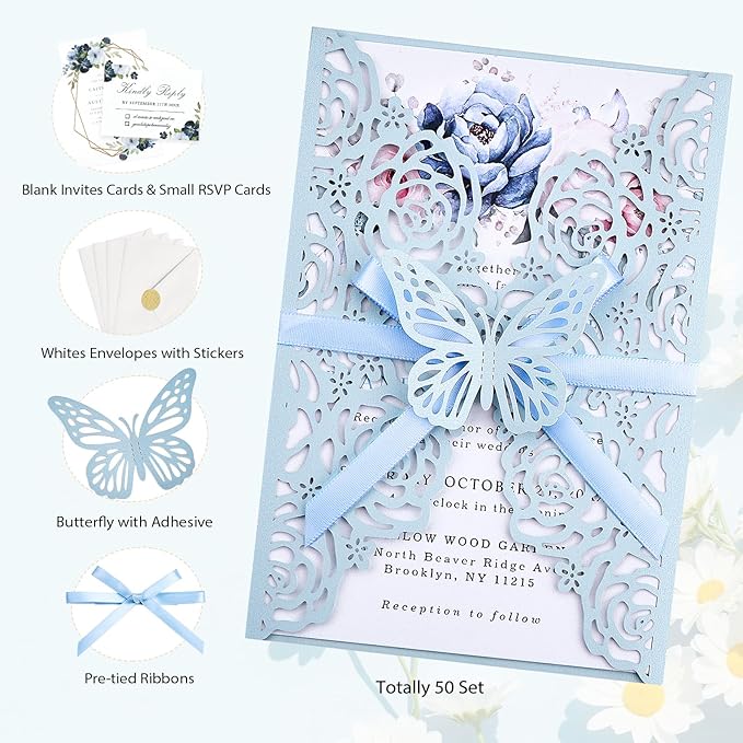 50 Set Light Blue Wedding Invitations Butterfly Laser Cut Invitations Pocket - Image 2