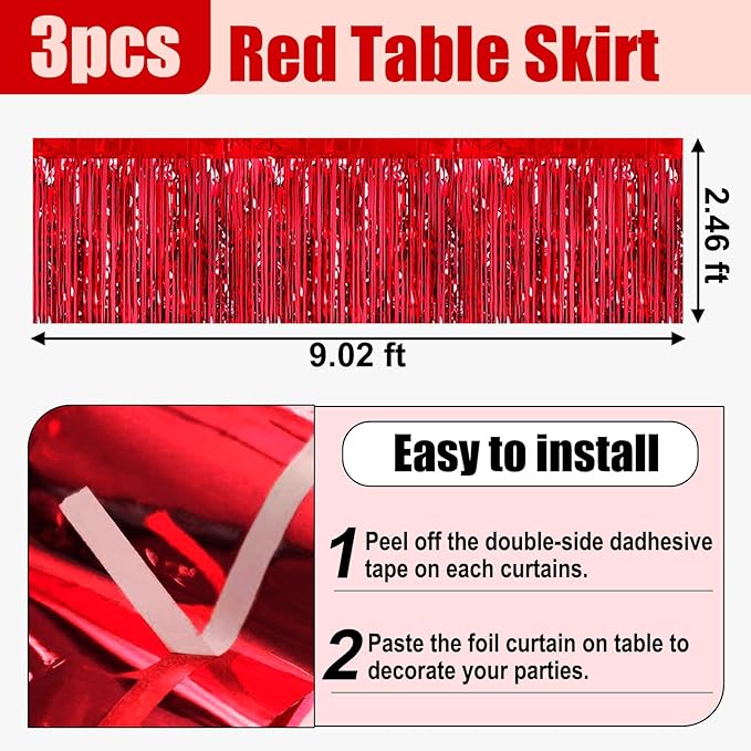3 Pack 29x108 Inch Red Foil Fringe Table Skirts Metallic Banner - Image 2