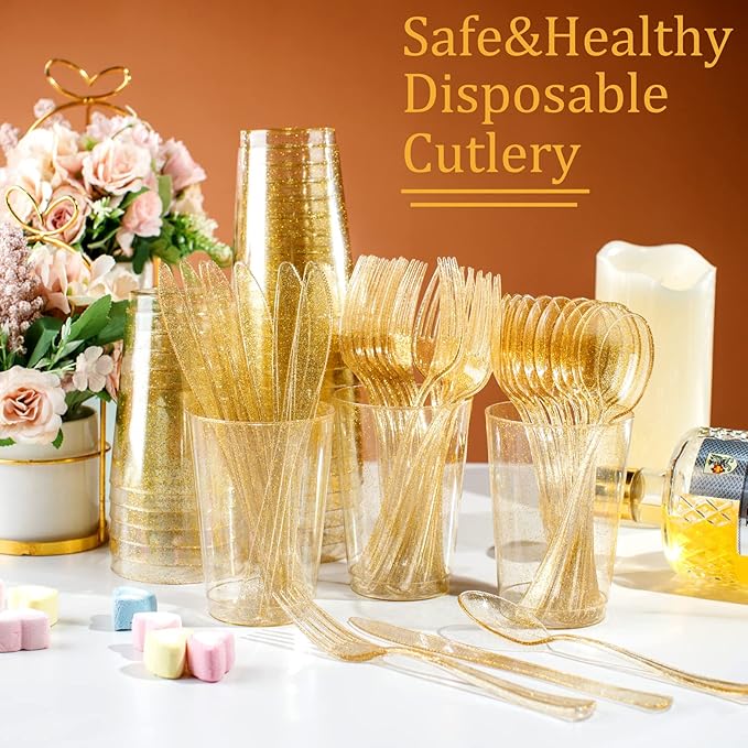 Supernal 300pcs Gold Glitter Plastic Cutlery Disposable Utensils Gold Plastic - Image 2