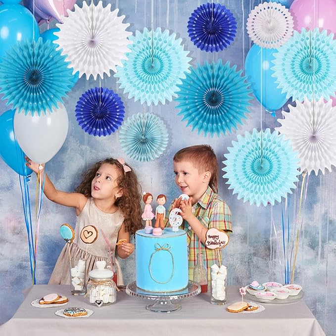 SUNBEAUTY Pack of 13 Blue White Hanging Honeycomb Paper Fans Party Decoration - Image 4