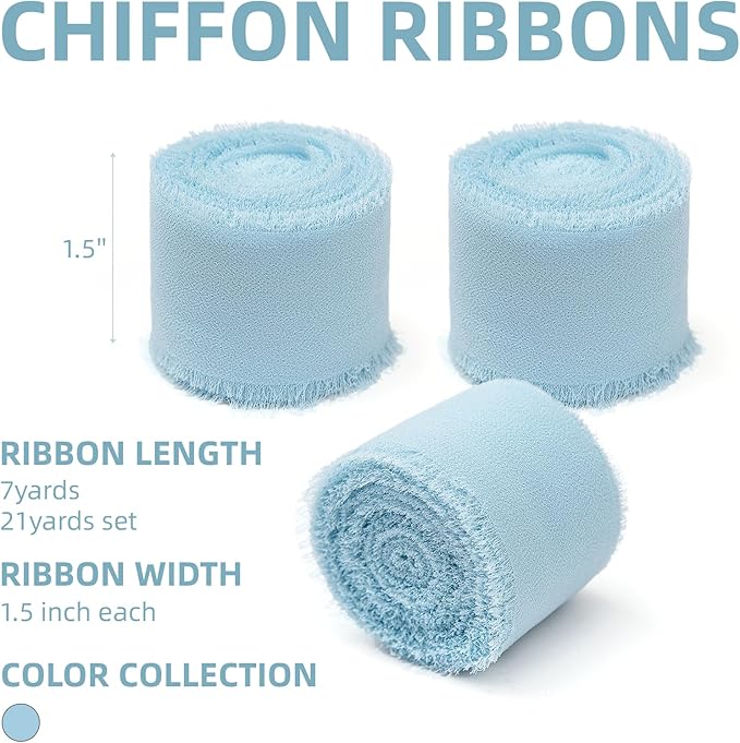 3 Rolls Light Blue Handmade Chiffon Ribbon, 1.5" x 21Yd Frayed Fringe Silk - Image 2