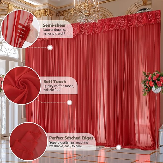 10ft x 10ft Red Backdrop Curtain Drapes, Wrinkle-Free Sheer Chiffon Fabric - Image 5