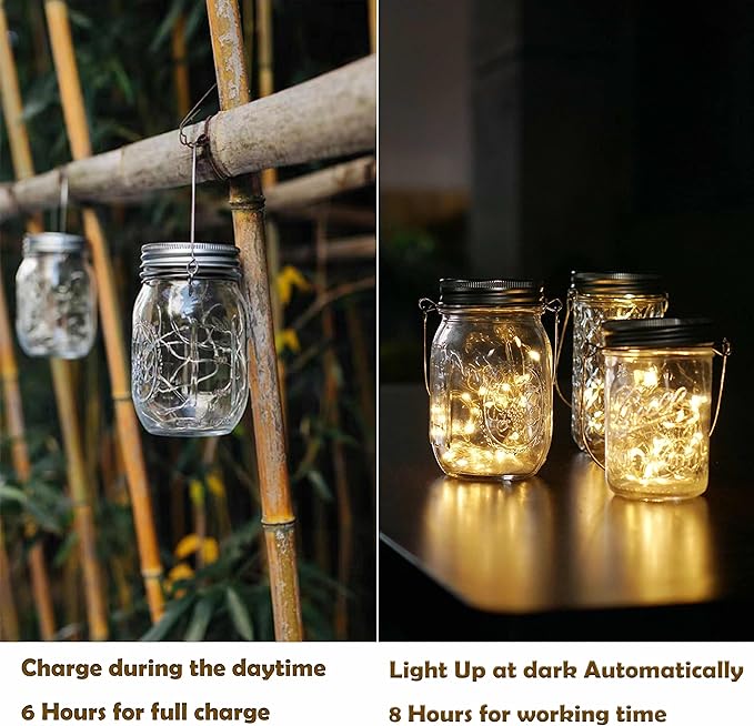 Decorman Solar Mason Jar Lid Lights, 6 Pack 20 LED Waterproof String Fairy Star - Image 4