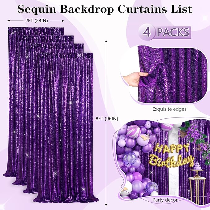 Purple Sequin Backdrop 4 Panels 2FTx8FT Photo Background Glitter Party Backdrop - Image 3