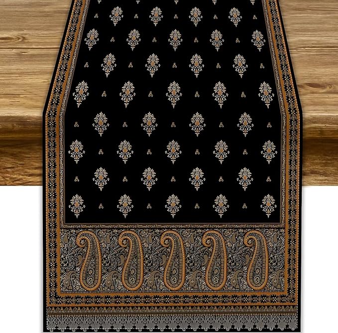 Vintage Paisley Table Runner, Boho Brown Black Flowers Leaves Print Table Runner by JanJCurt