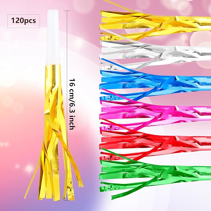 120 Pcs Glitter Bomb Noise Maker Gold Metallic Fringed Squawker Blowouts Silver - Image 2